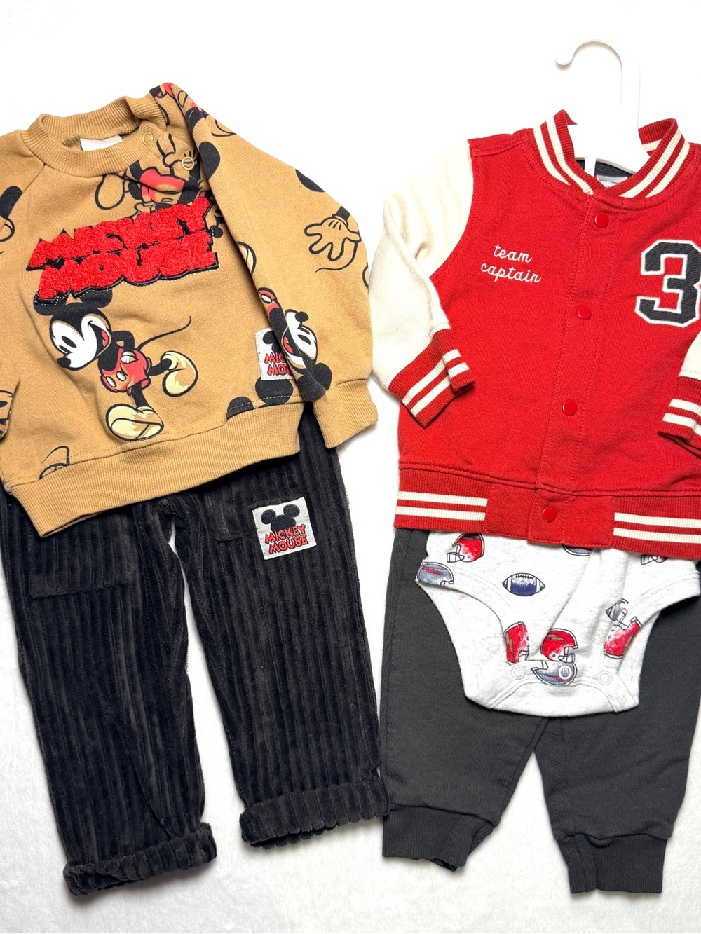Disney Tan Mickey Sweatshirt Set& Carter’s Red Varsity Jacket Set Bundle